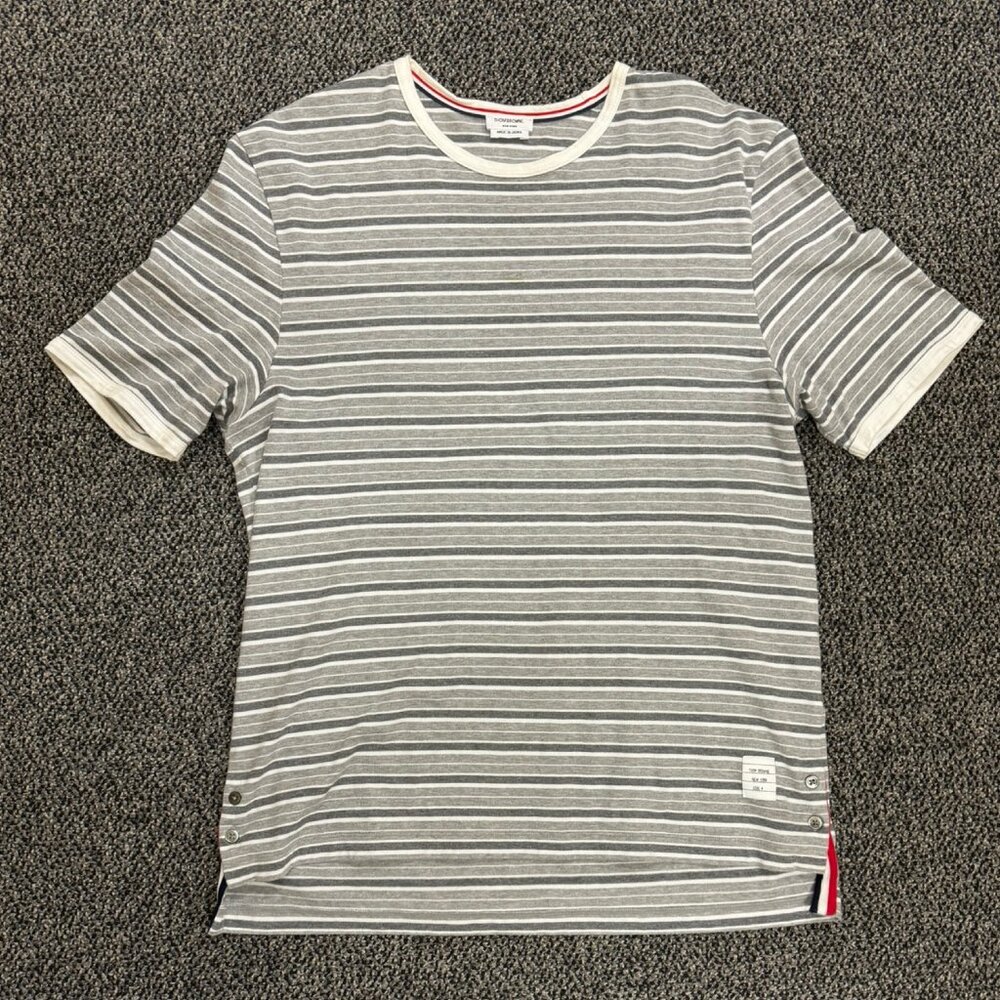 Thom Browne Light Grey Cotton Stripe Short Sleeve Ringer T-shirt size 4